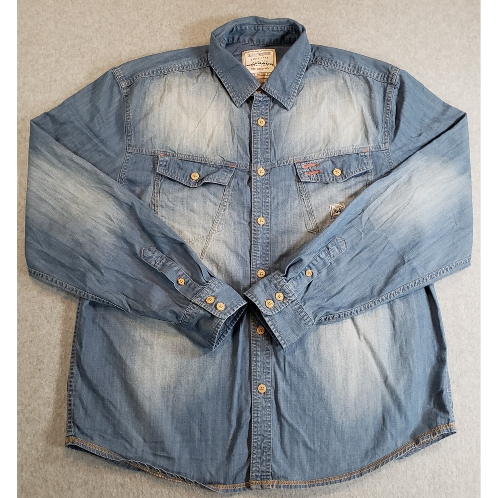 Marithe Francois Girbaud Denim Button Up Shirt Mens Blue Size XL Distressed READ
